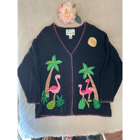 Quacker Factory Sweaters - Vintage Quacker Factory Black Cardigan With Flamingo Embroidery & Sequins - 2X